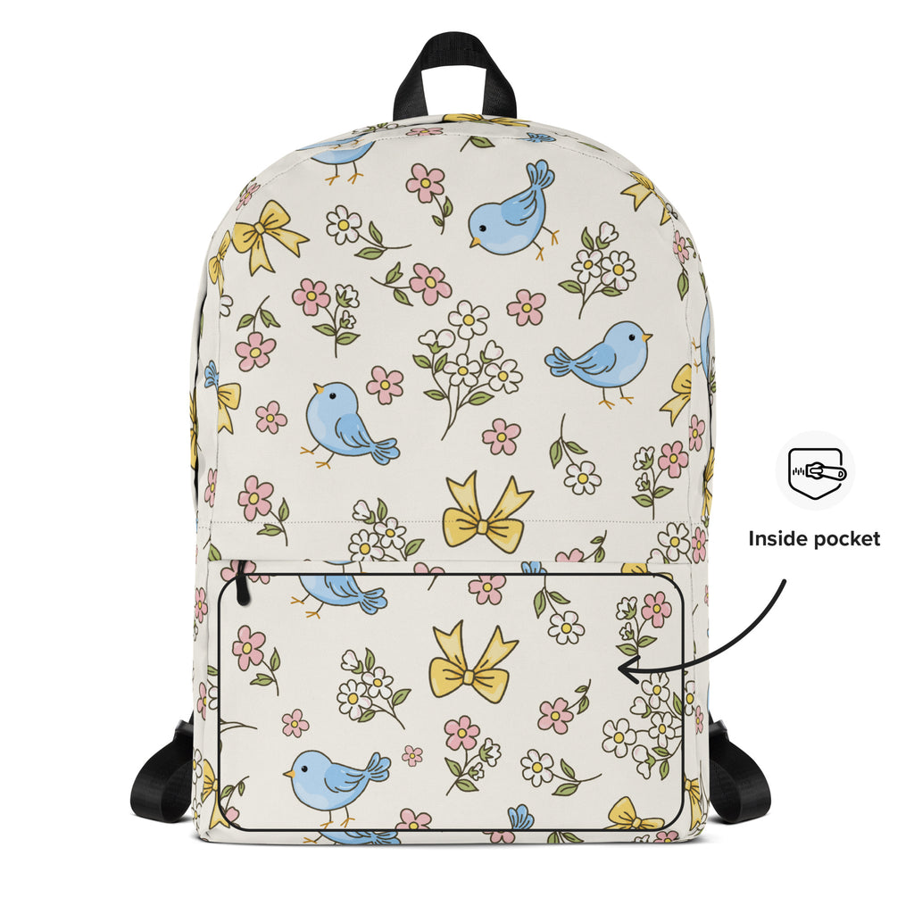Girls Blue Bird Floral Backpack - Water-Resistant School Bag With Adjustable Padded Straps & Breathable Mesh Back