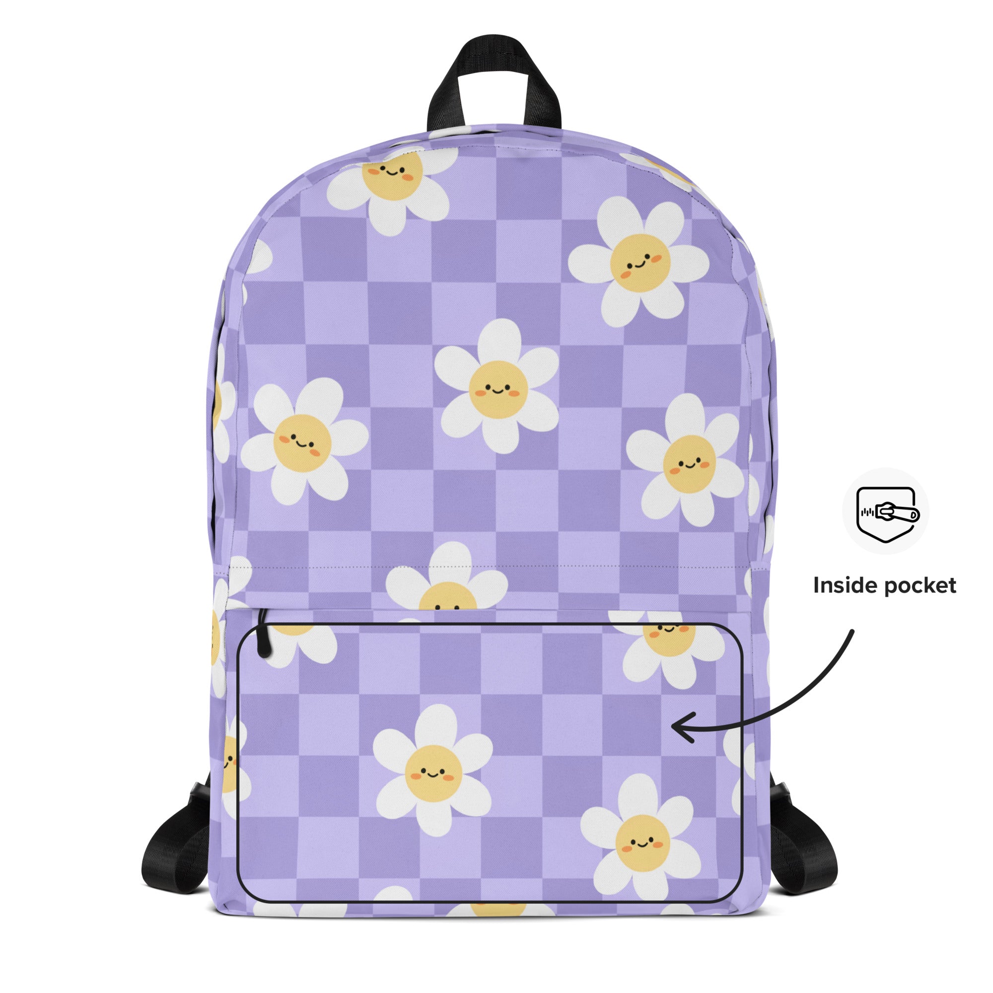 Girls Purple Daisy Checkered Backpack - Water-Resistant School Bag With Adjustable Padded Straps & Breathable Mesh Back
