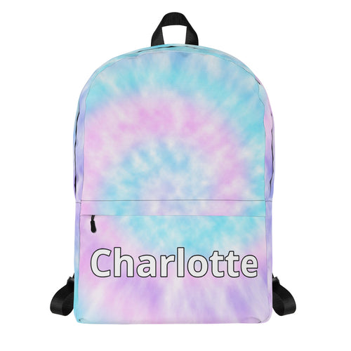 Girls custom name faux tie dye backpack in pastel colors with black straps and charlotte in bold white lettering