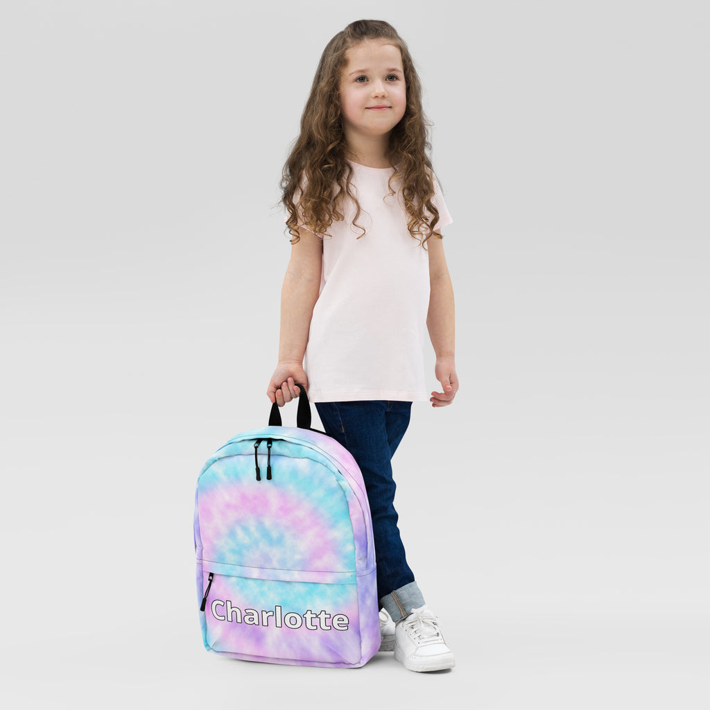 Pastel faux tie dye girls backpack with custom name charlotte printed in white on the front for personalized use