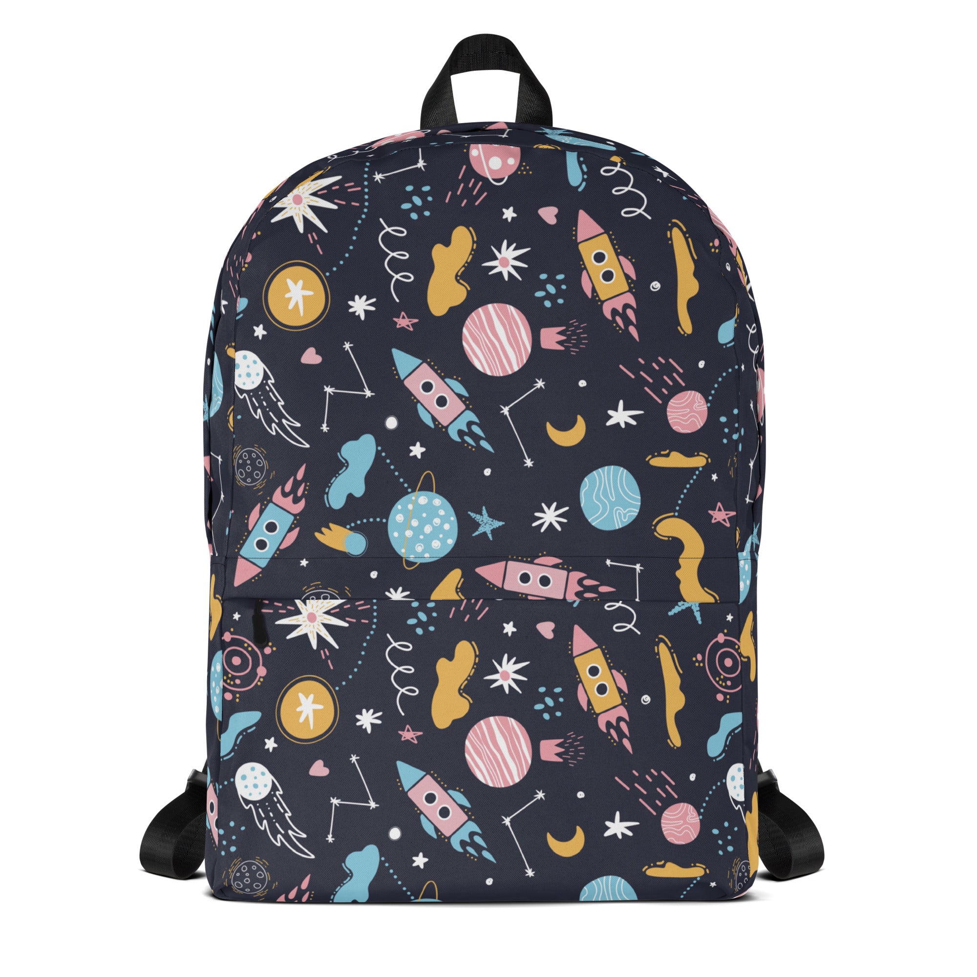 Navy blue kids outer space backpack with playful cartoon rockets planets stars and moons in pastel colors