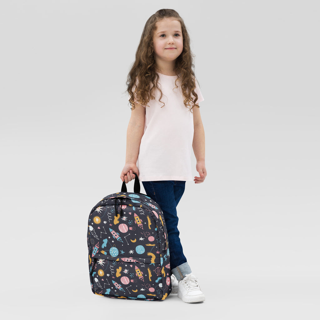 Kids outer space backpack black with playful pastel rockets planets and stars pattern ideal for school use