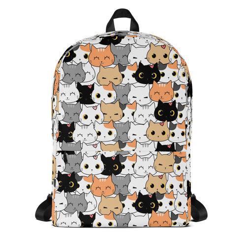 Girls cat face backpack in white with colorful cartoon cat patterns perfect for school and casual use