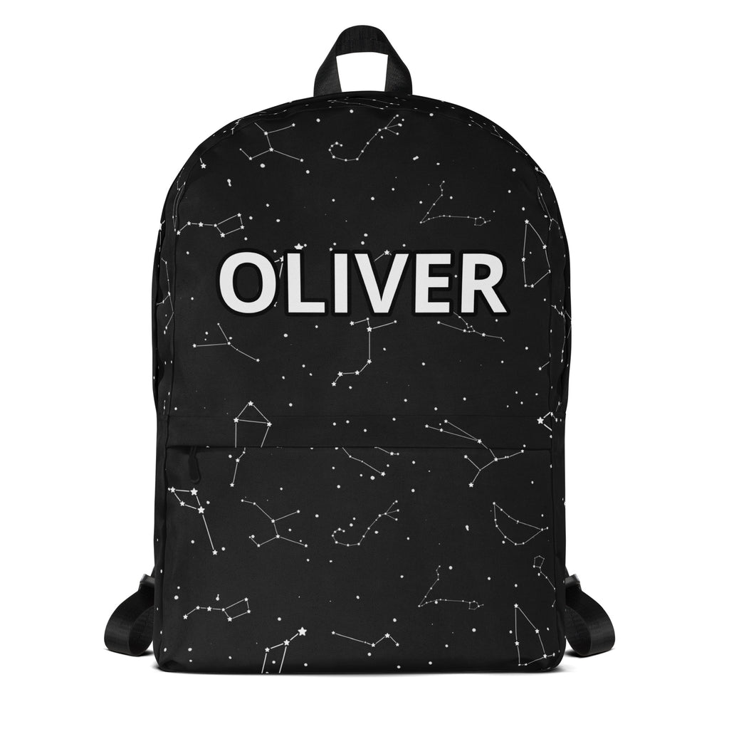 Black kids custom name backpack with white constellation pattern and bold oliver lettering on front side