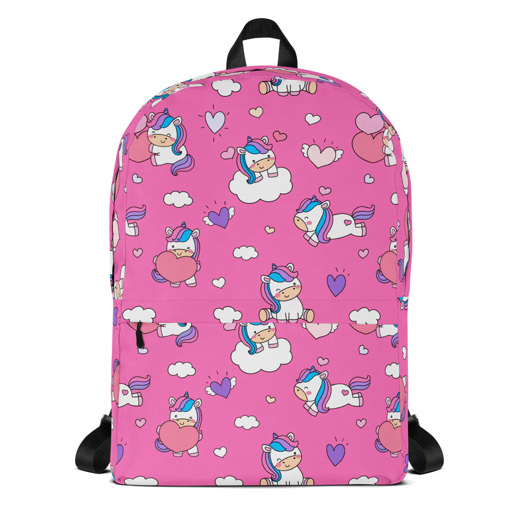 Pink girls unicorn hearts backpack with playful cartoon unicorns rainbow manes hearts and clouds pattern