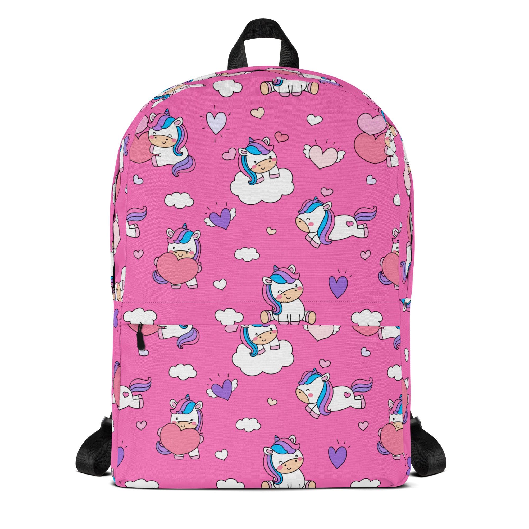 Pink girls unicorn hearts backpack with playful cartoon unicorns rainbow manes hearts and clouds pattern
