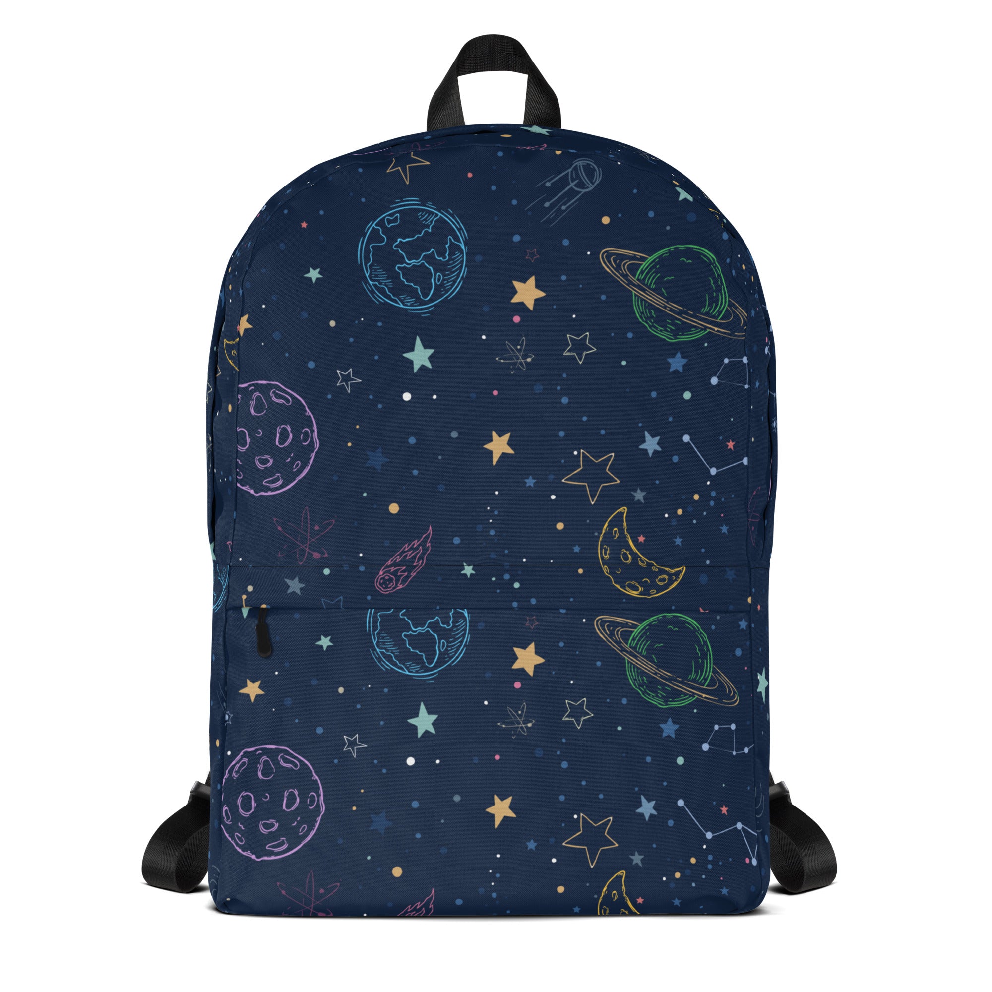 A navy blue kids colorful galaxy space backpack with whimsical hand-drawn pastel planets stars and constellations