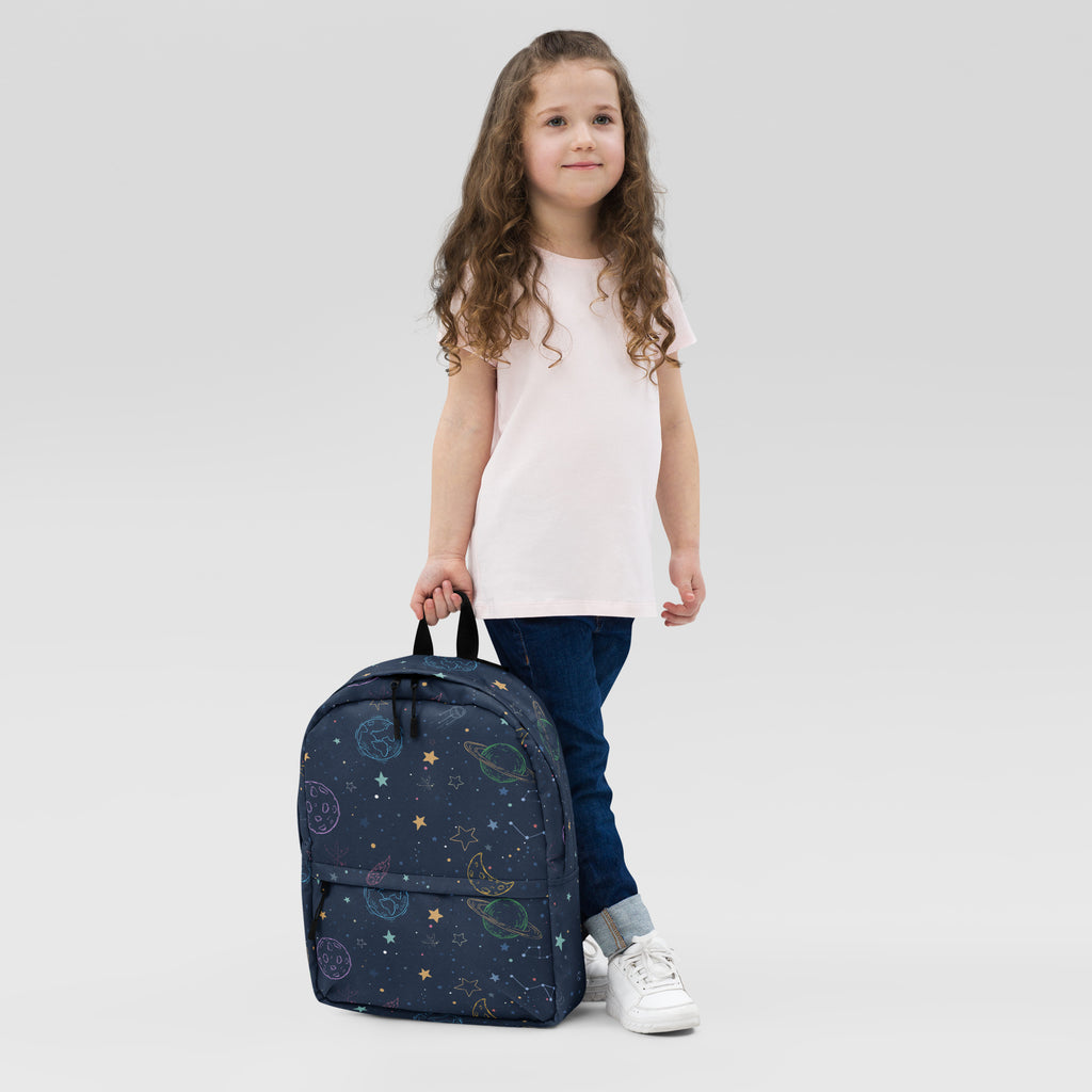 Navy blue kids colorful galaxy space backpack with cosmic pastel planets stars and moons design on front side