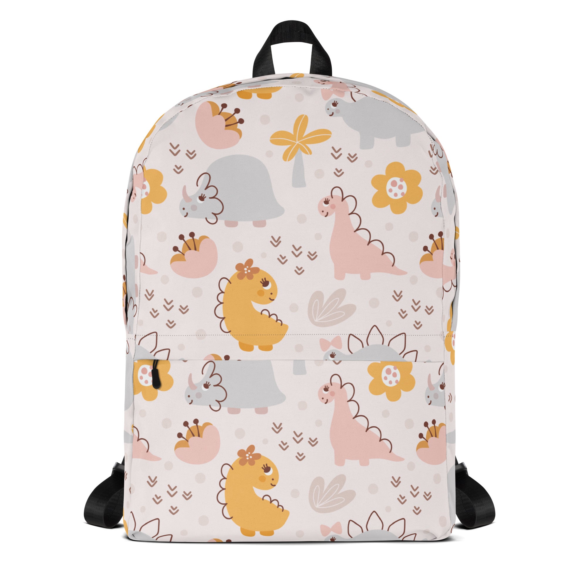 Girls floral dinosaur backpack with pastel cartoon dinosaurs and flowers on cream background with black straps and handle