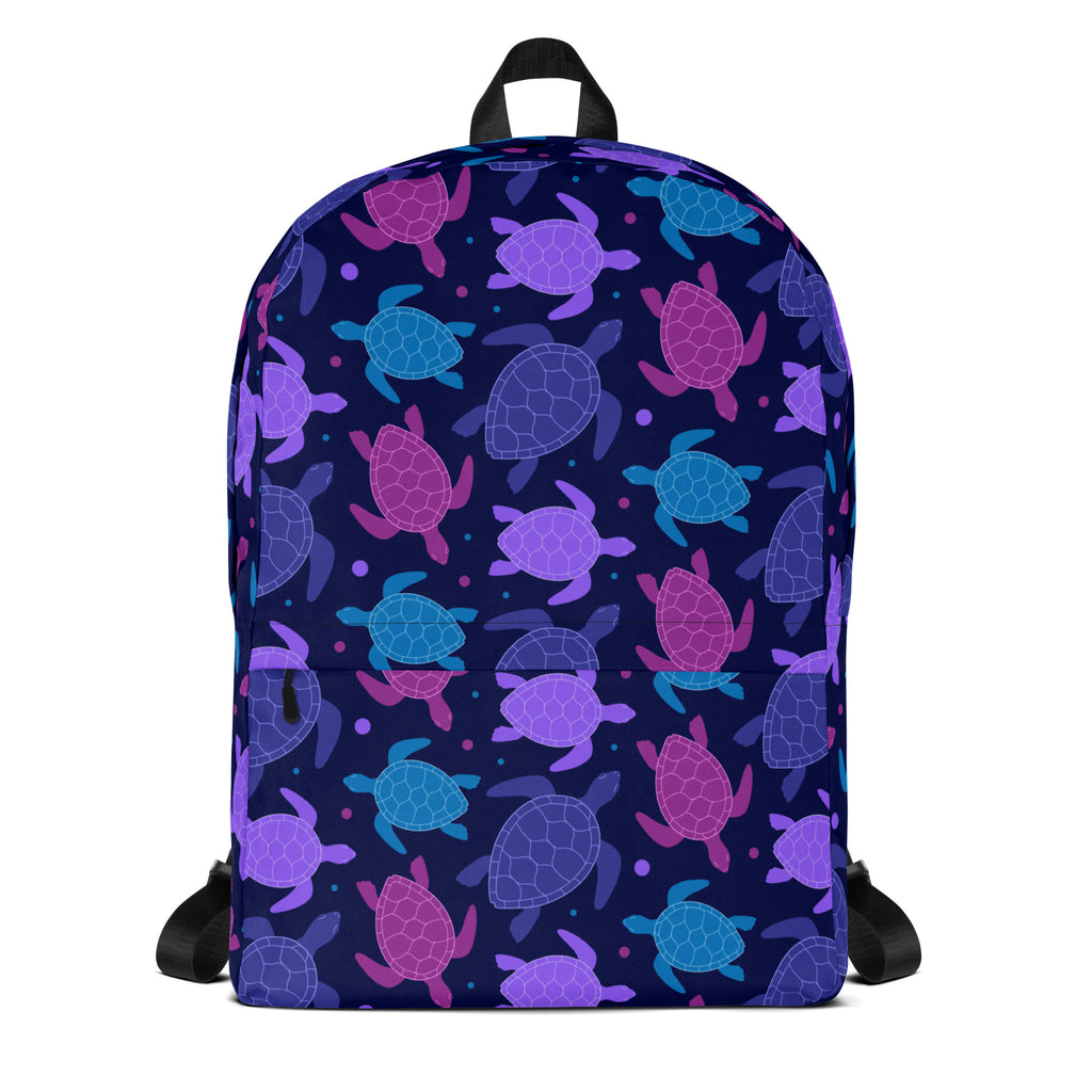 Girls purple sea turtle backpack navy blue with vibrant purple pink and teal sea turtle pattern for daily use