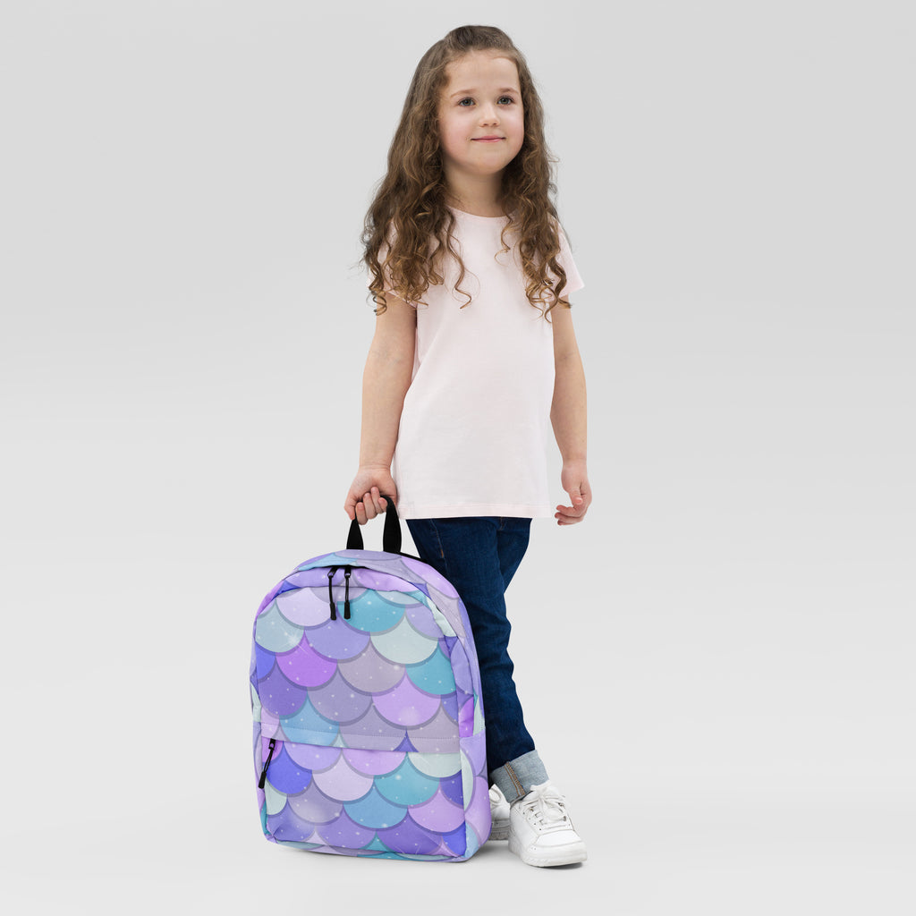 Girls purple mermaid backpack with vibrant purple lavender and teal mermaid scale pattern for children