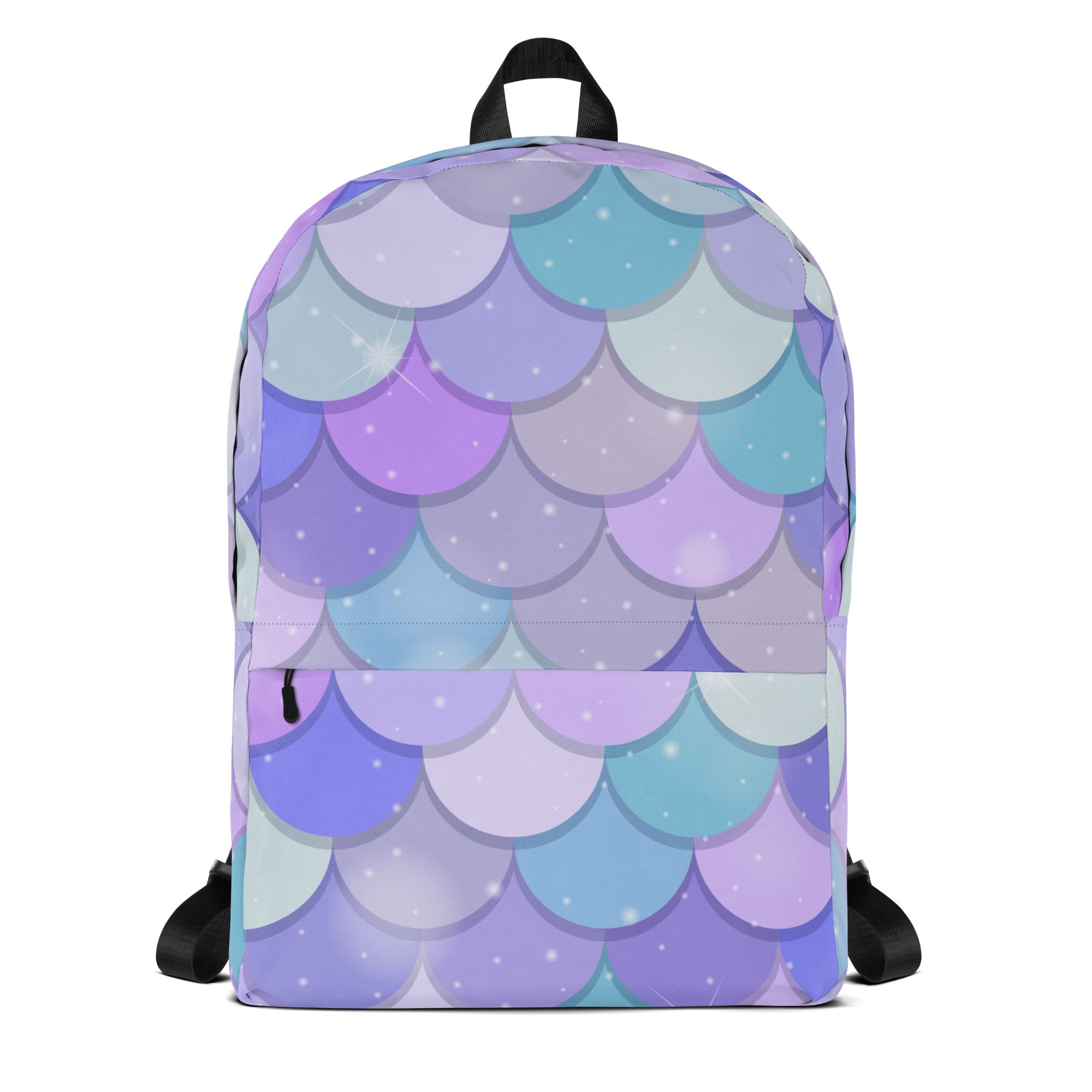 Girls purple mermaid backpack with vibrant mermaid-scale pattern in purple lavender and light blue with glitter accents