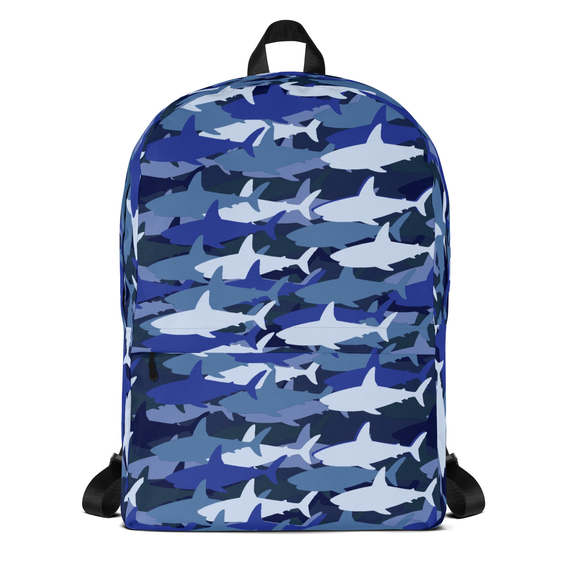 Kids blue sharks backpack featuring blue and white shark camouflage design with black adjustable straps