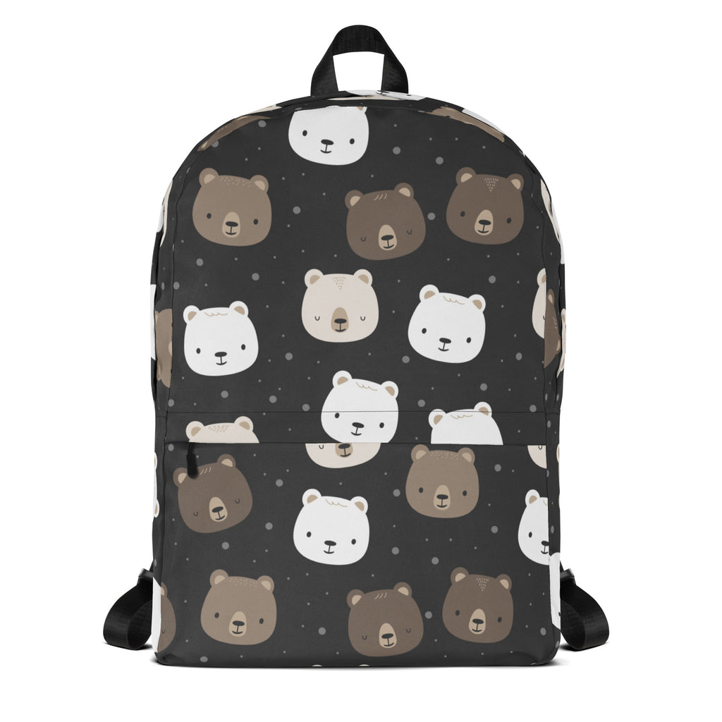 Black kids bear faces backpack with playful white and brown cartoon bear pattern on a dark fabric background