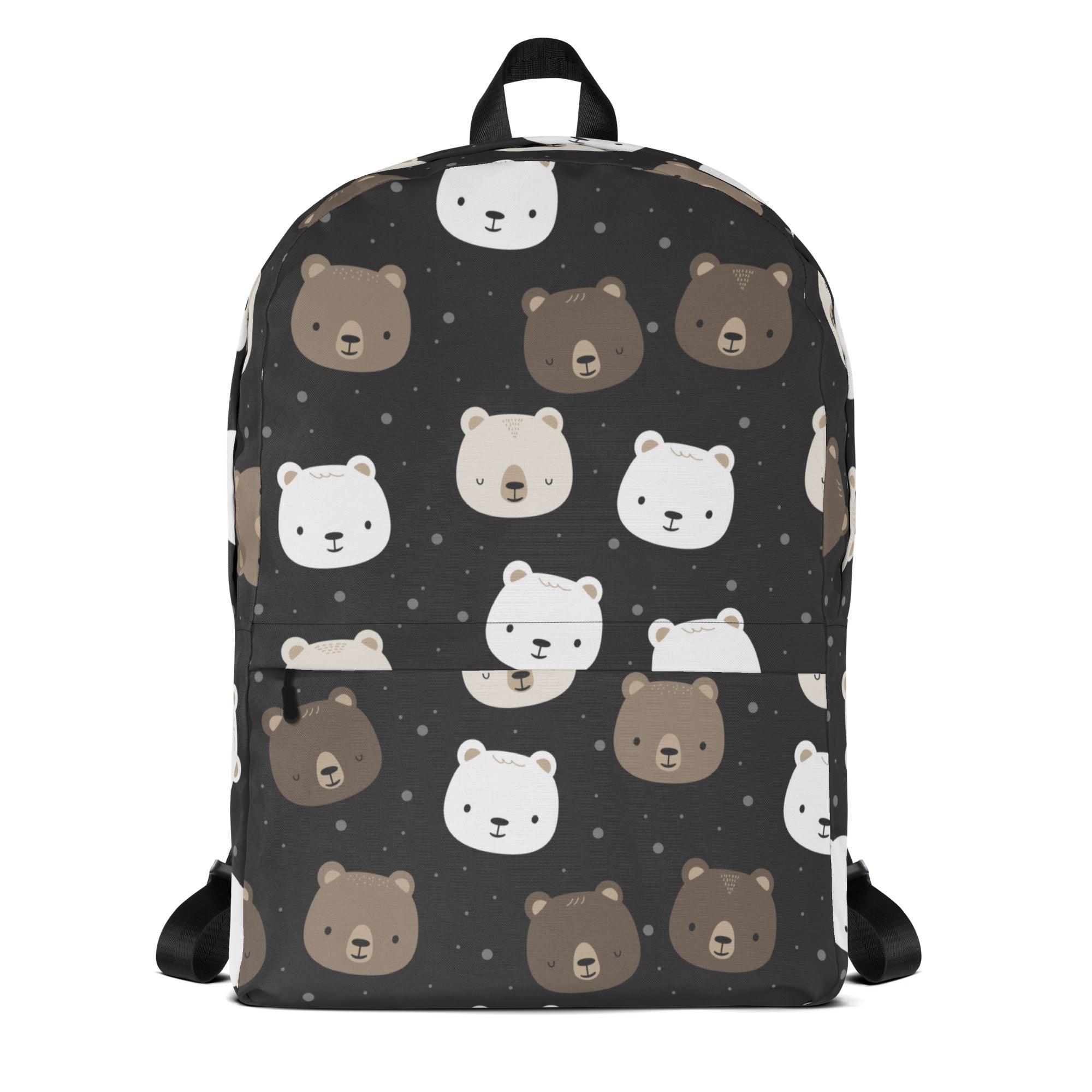 Black kids bear faces backpack with playful white and brown cartoon bear pattern on a dark fabric background