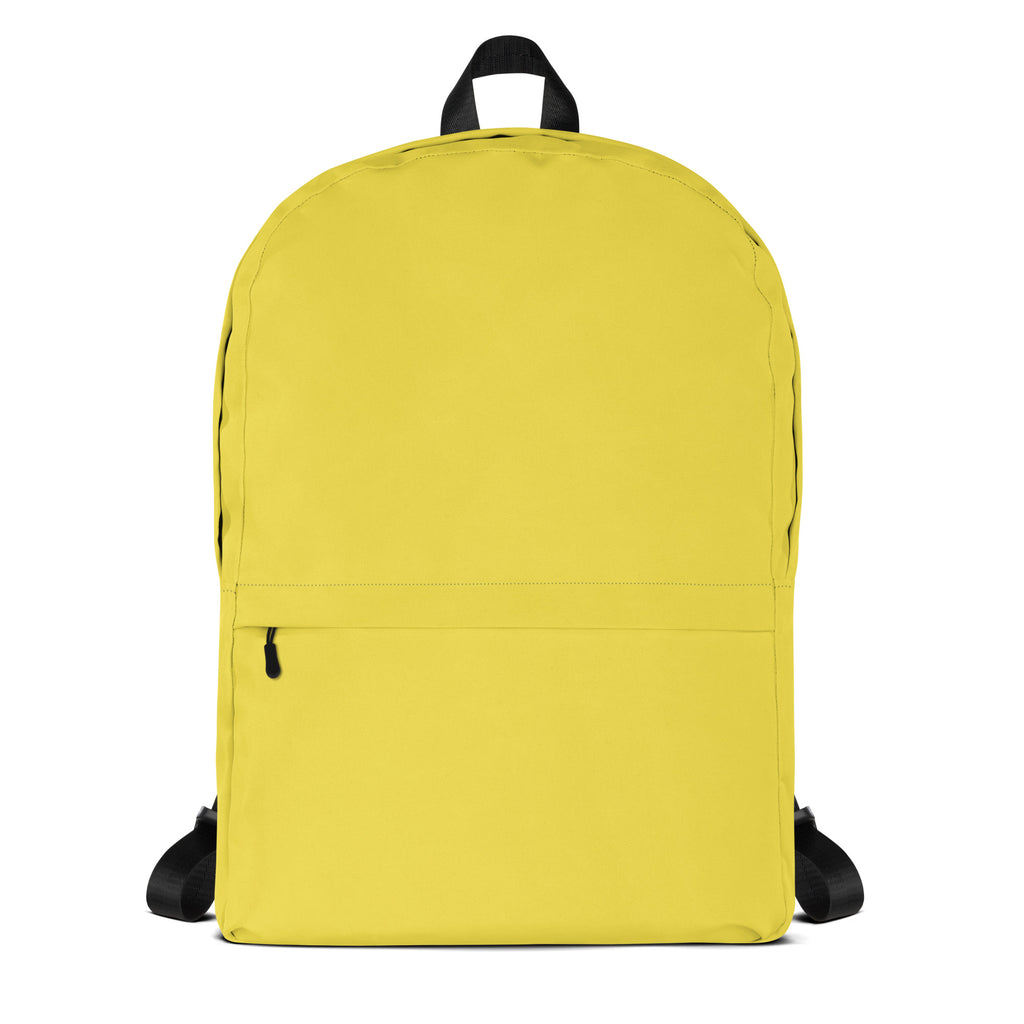 Kids yellow backpack with bright yellow color black straps top handle simple design and front zippered pocket