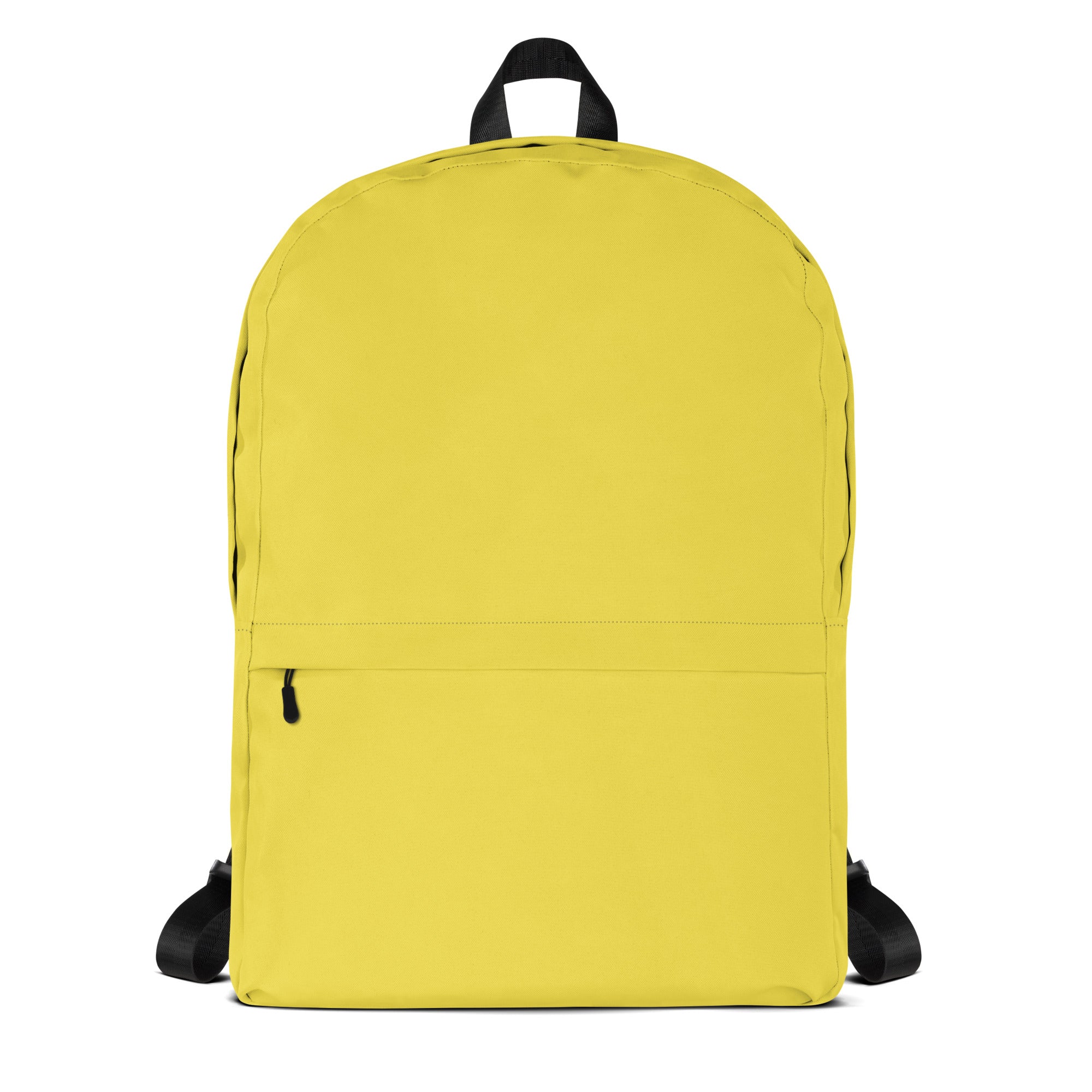 Kids yellow backpack with bright yellow color black straps top handle simple design and front zippered pocket