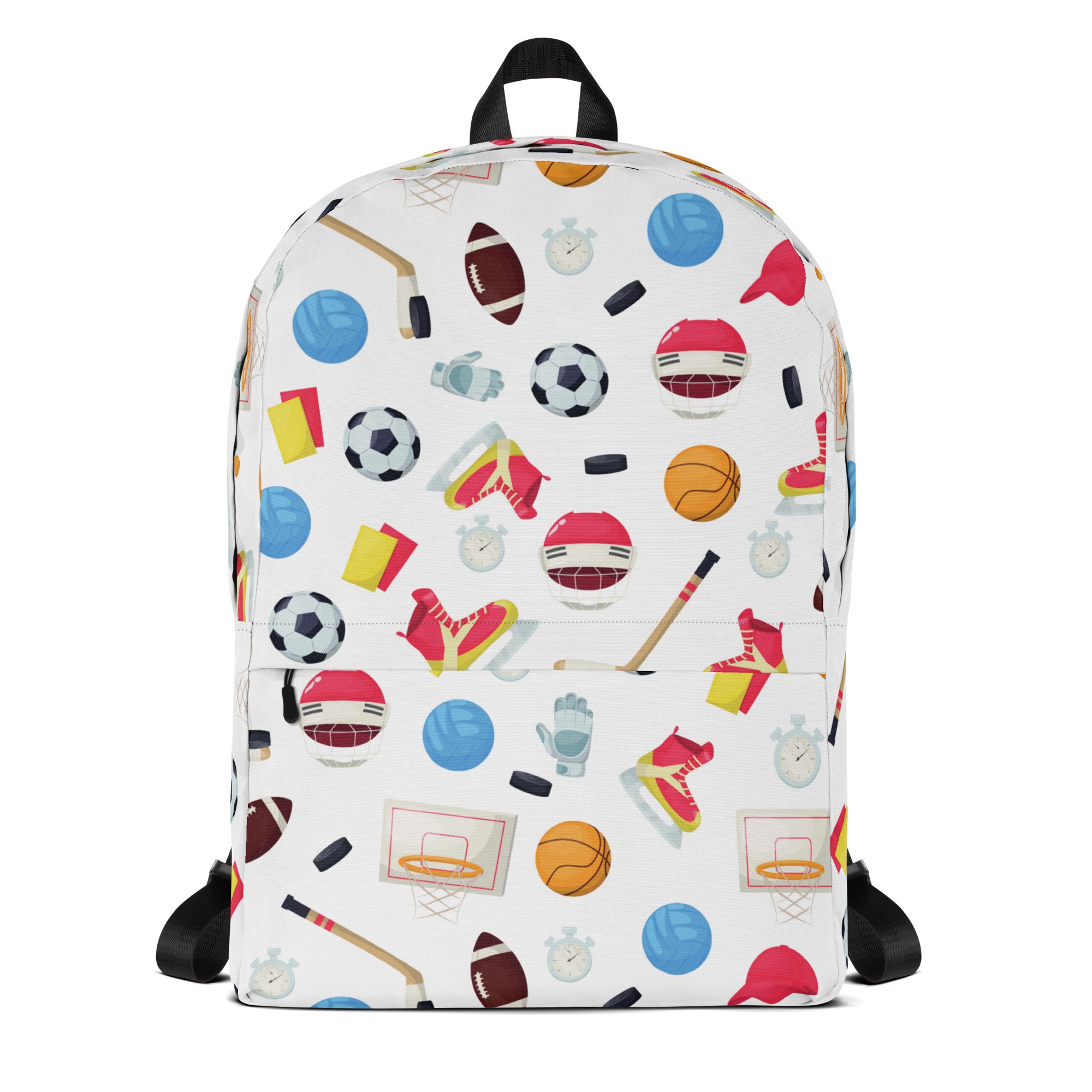 Kids sports themed backpack white with colorful soccer balls basketballs hockey sticks and athletic gear pattern