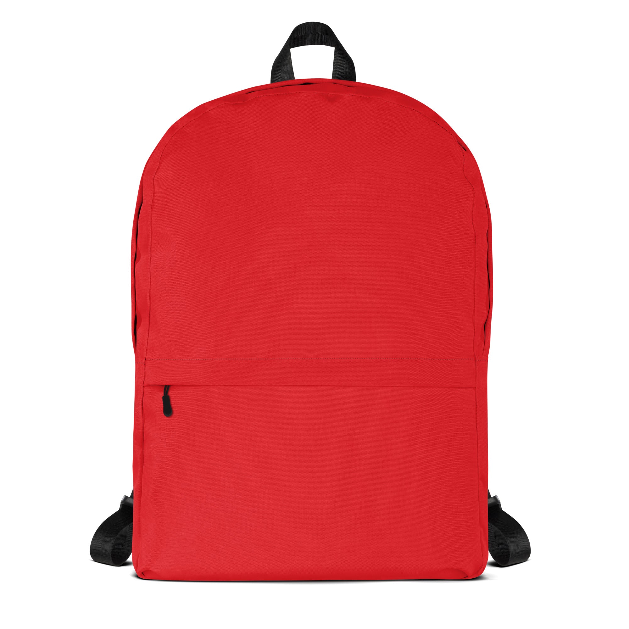 Kids red backpack shown from back with black straps and top handle in minimalist design