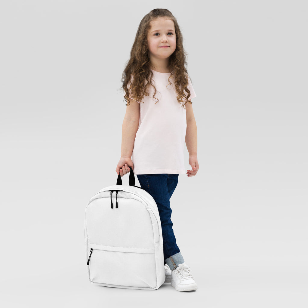 Kids white backpack with black zippers and handles made of durable material for everyday use
