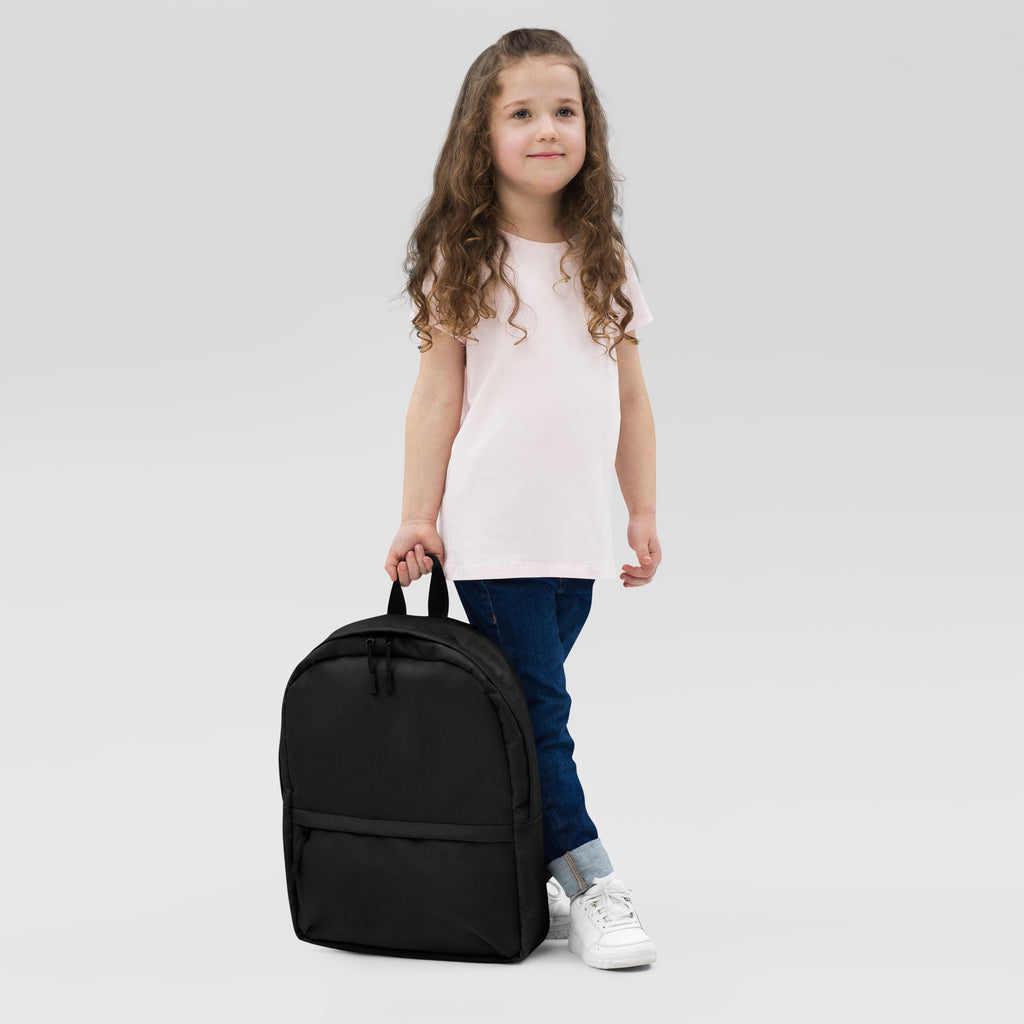 Kids black backpack made of nylon with top handle and front pocket for convenient storage and easy carrying