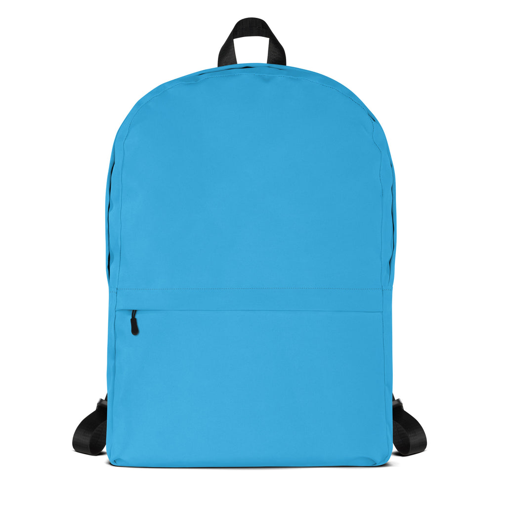 Kids sky blue backpack with bright blue fabric, black adjustable straps, and a top handle for easy carrying