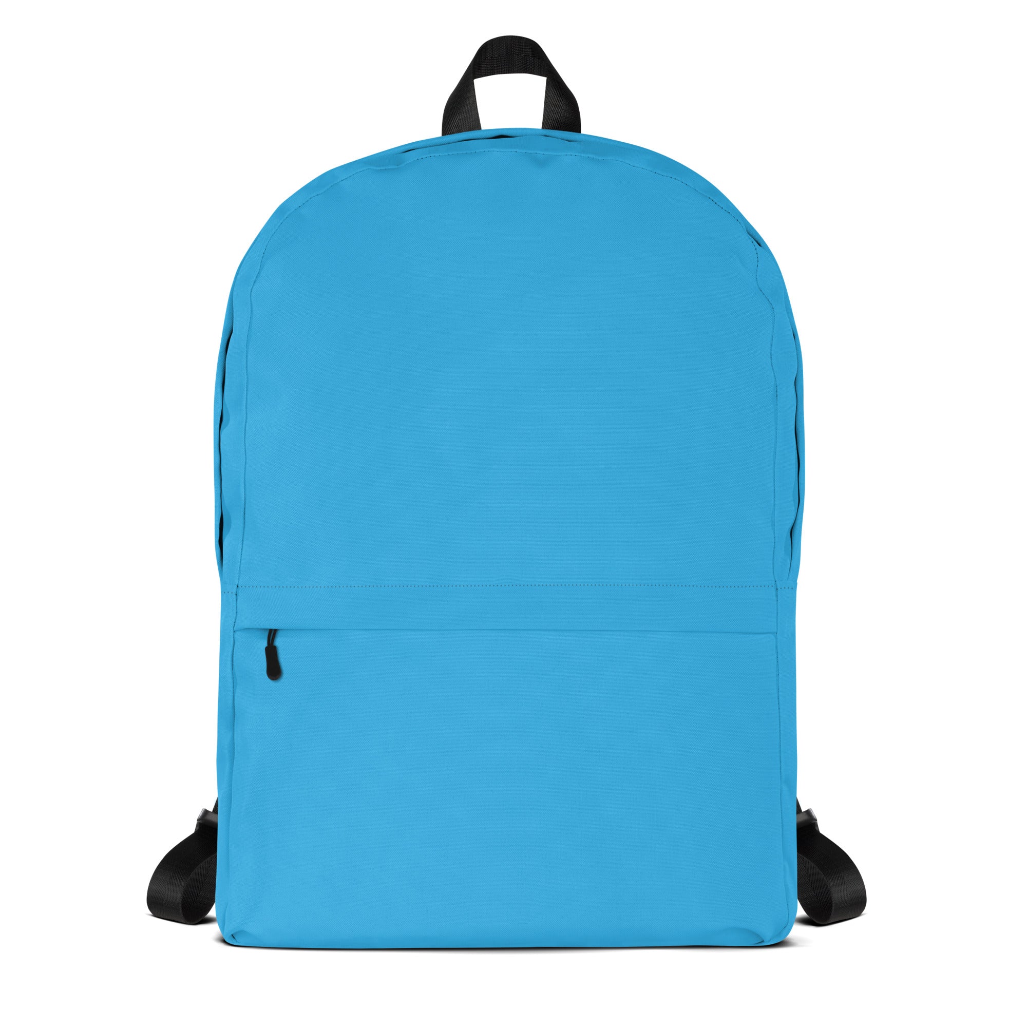 Kids sky blue backpack with bright blue fabric, black adjustable straps, and a top handle for easy carrying