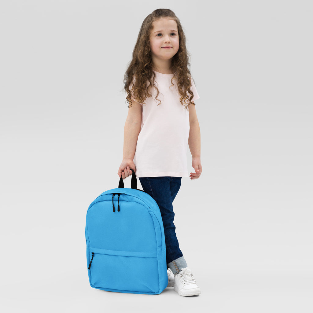 Kids sky blue backpack made of bright blue nylon with black zippers and handles for durable daily use