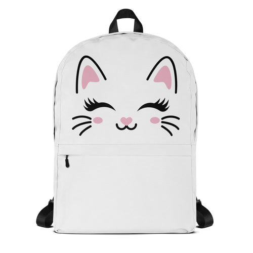 Girls cute cat backpack in white featuring a cartoon cat face with pink ears black eyelashes and rosy cheeks