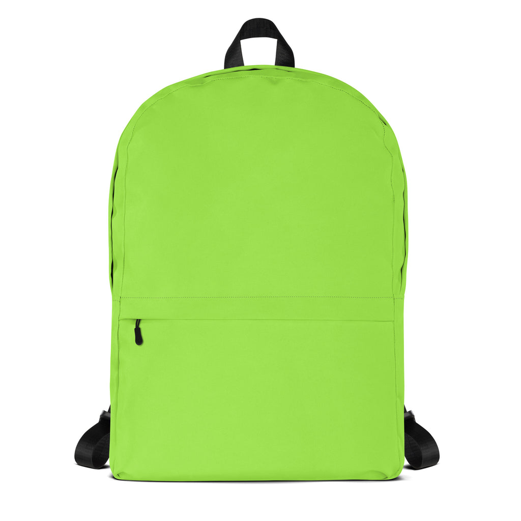 Kids lime green backpack with vibrant lime green color black straps top handle simple design and front zippered pocket