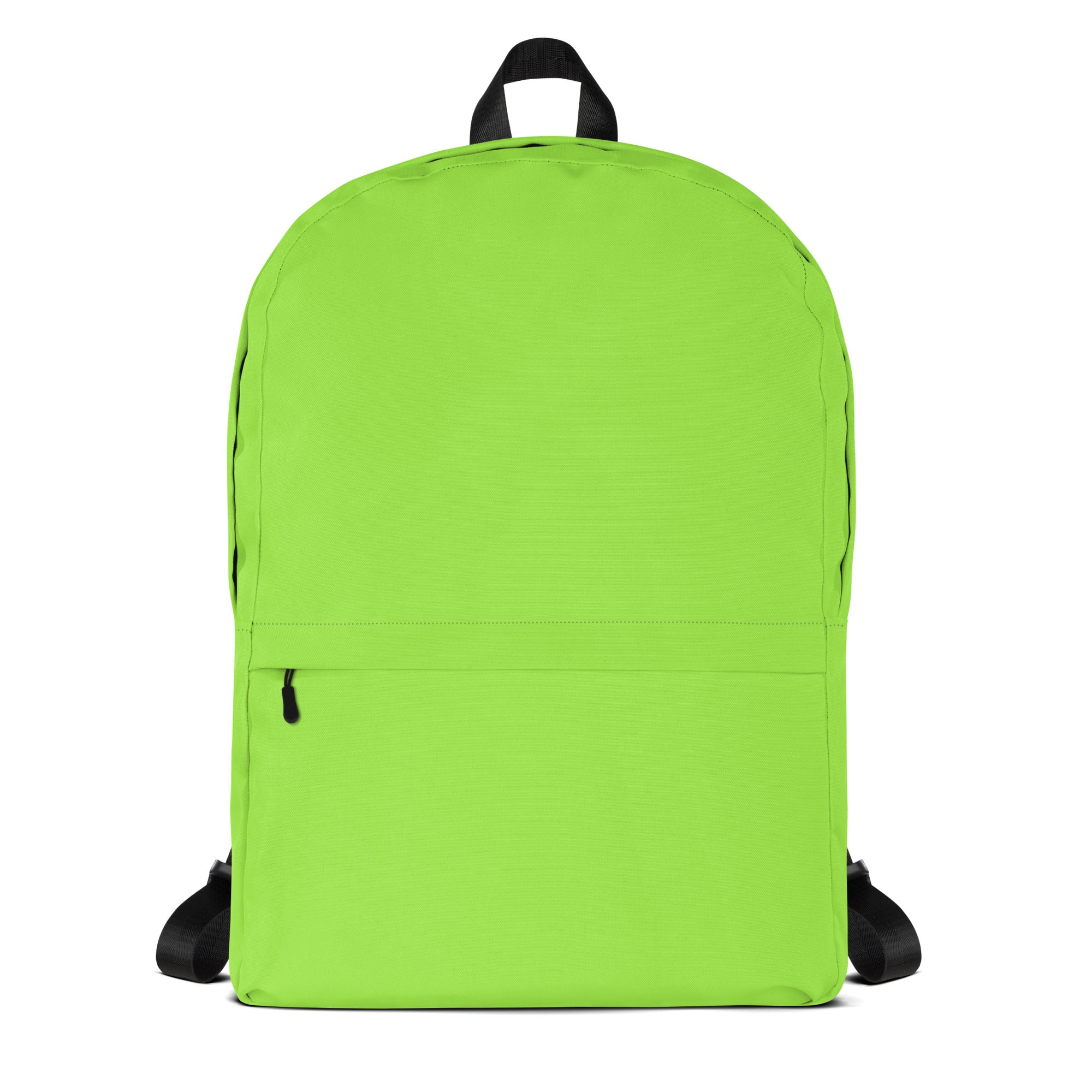Kids lime green backpack with vibrant lime green color black straps top handle simple design and front zippered pocket