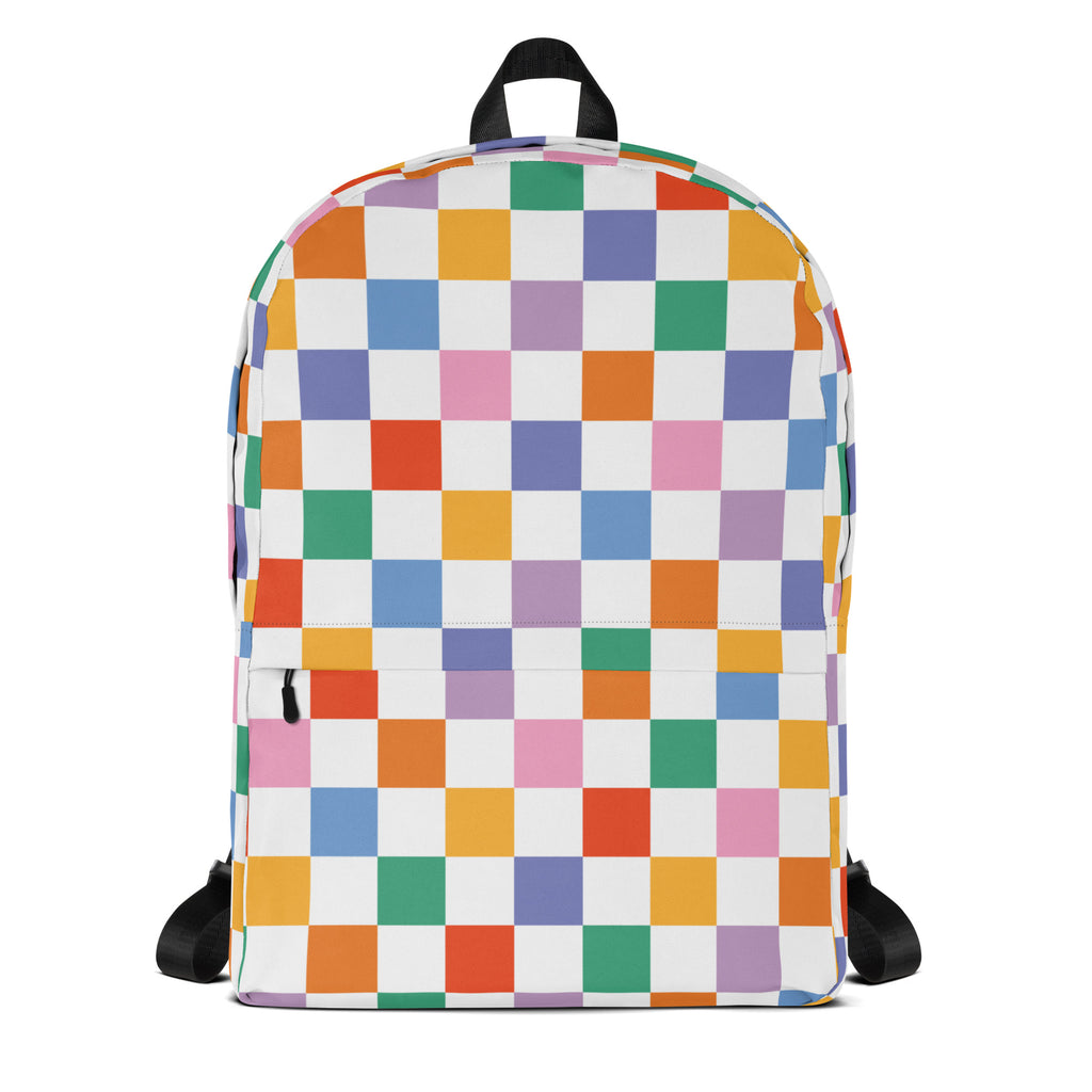 Kids rainbow checkerboard backpack with vibrant rainbow checkered pattern black straps and top handle for school use