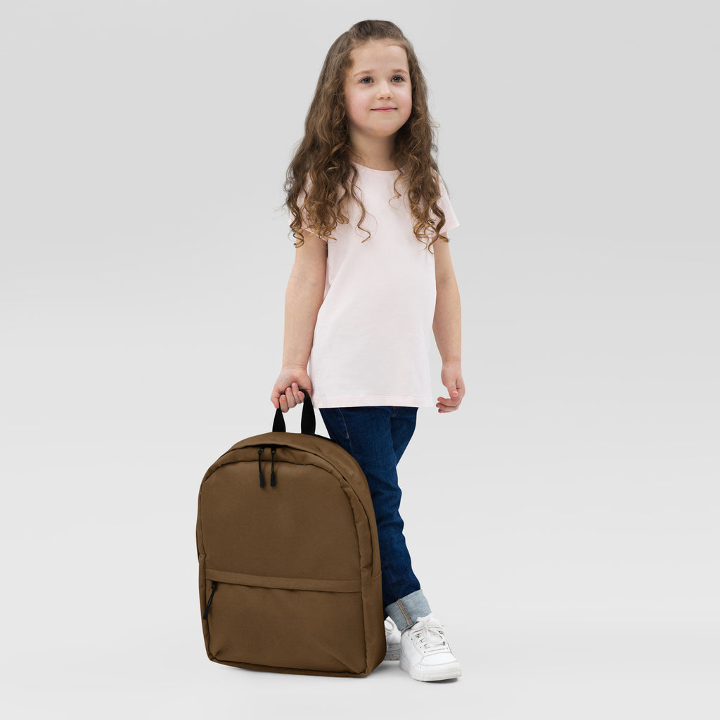 Kids brown canvas backpack with black zipper pulls and top handles for everyday use