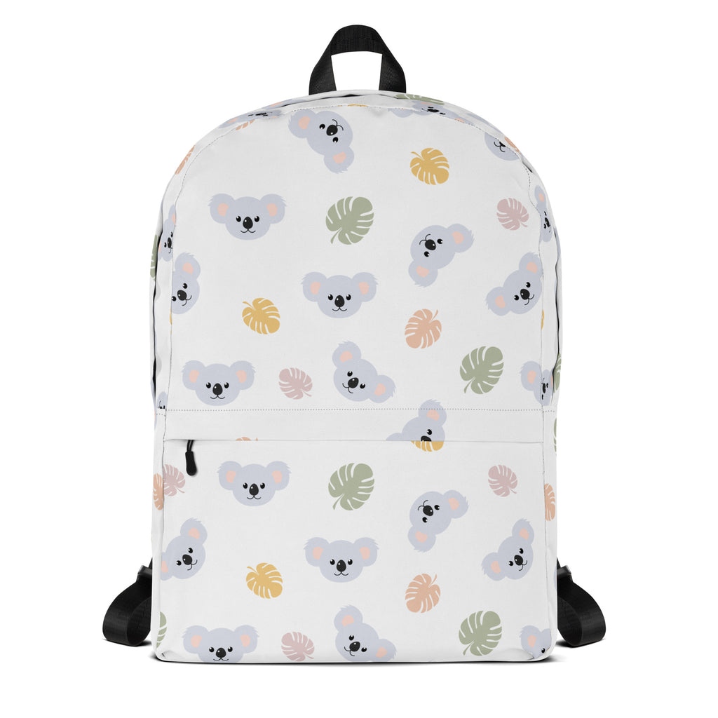 White girls koala bear backpack with playful gray koala faces and pastel tropical leaves pattern