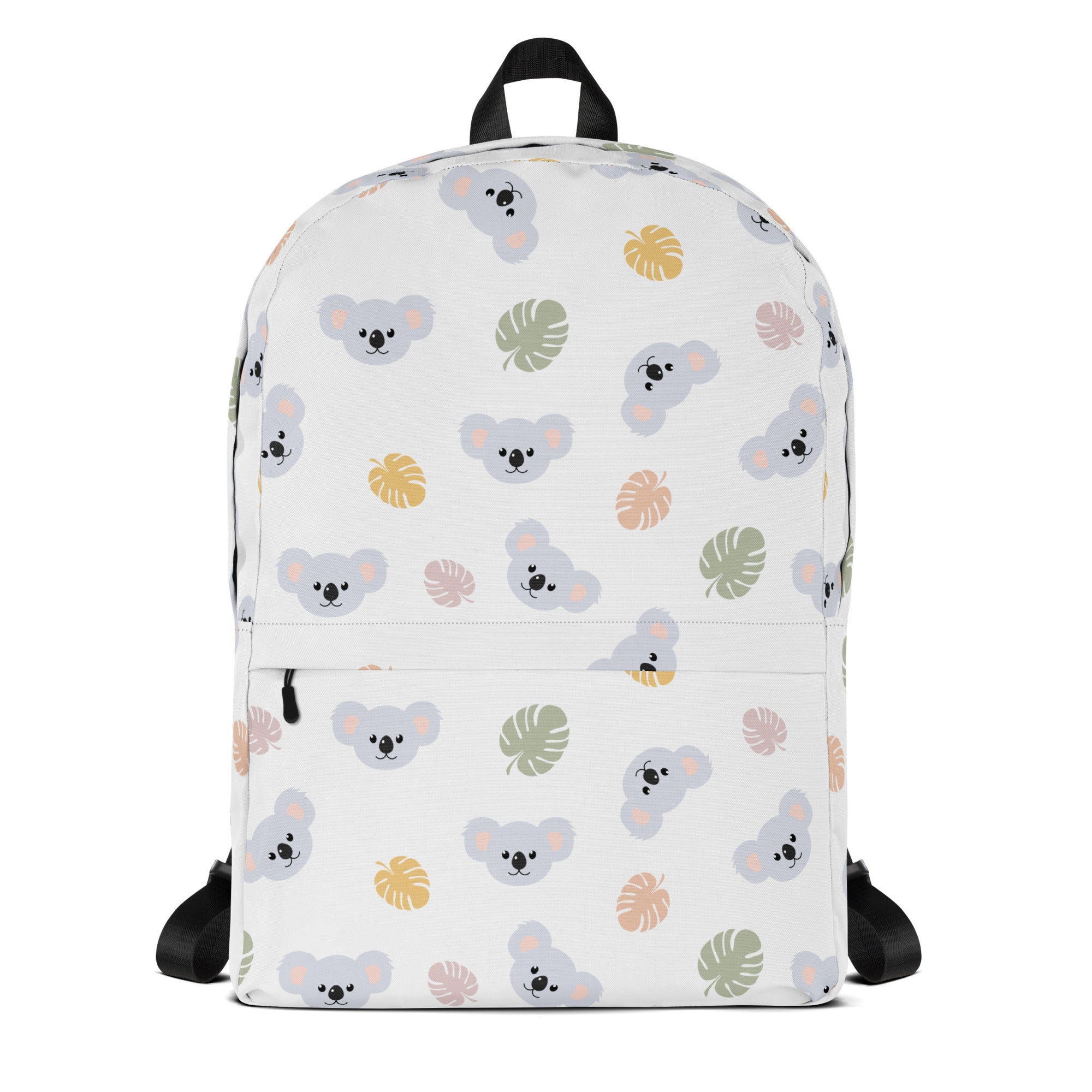 White girls koala bear backpack with playful gray koala faces and pastel tropical leaves pattern