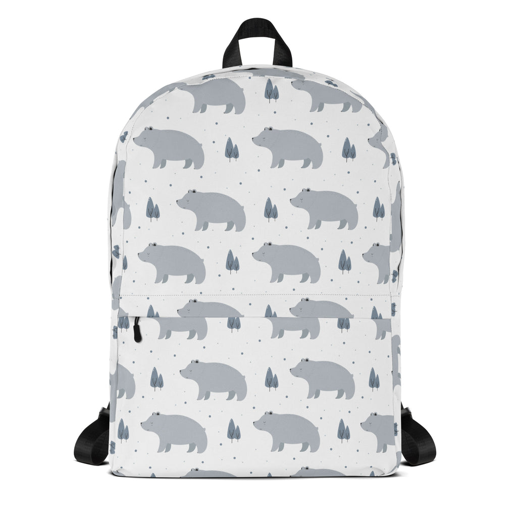 White kids polar bear backpack with gray bear and tree pattern perfect for school and outdoor use