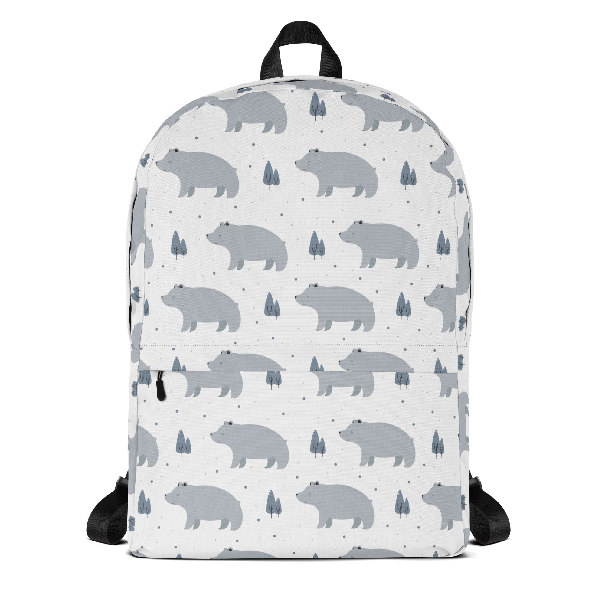 White kids polar bear backpack with gray bear and tree pattern perfect for school and outdoor use