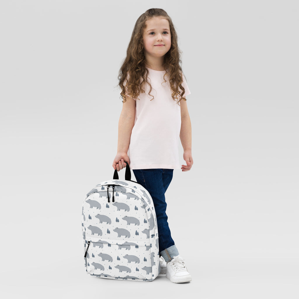 Kids polar bear backpack white with gray bear and tree patterns designed for children