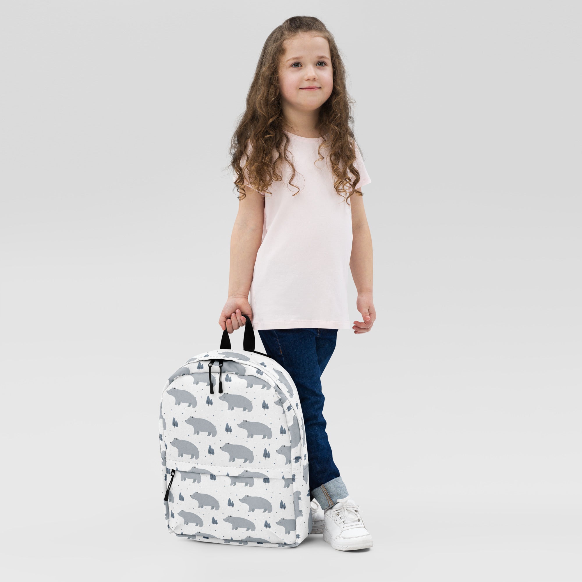 Kids polar bear backpack white with gray bear and tree patterns designed for children