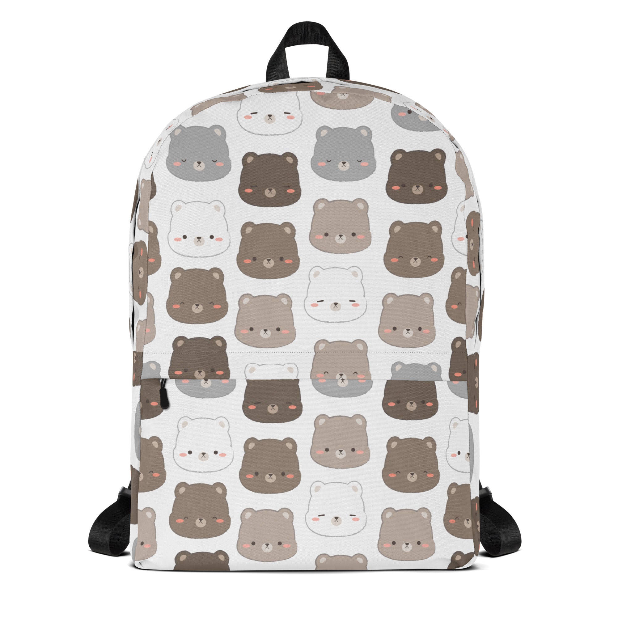 White kids kawaii bear print backpack with repeating cute cartoon bears in brown and gray with rosy cheeks
