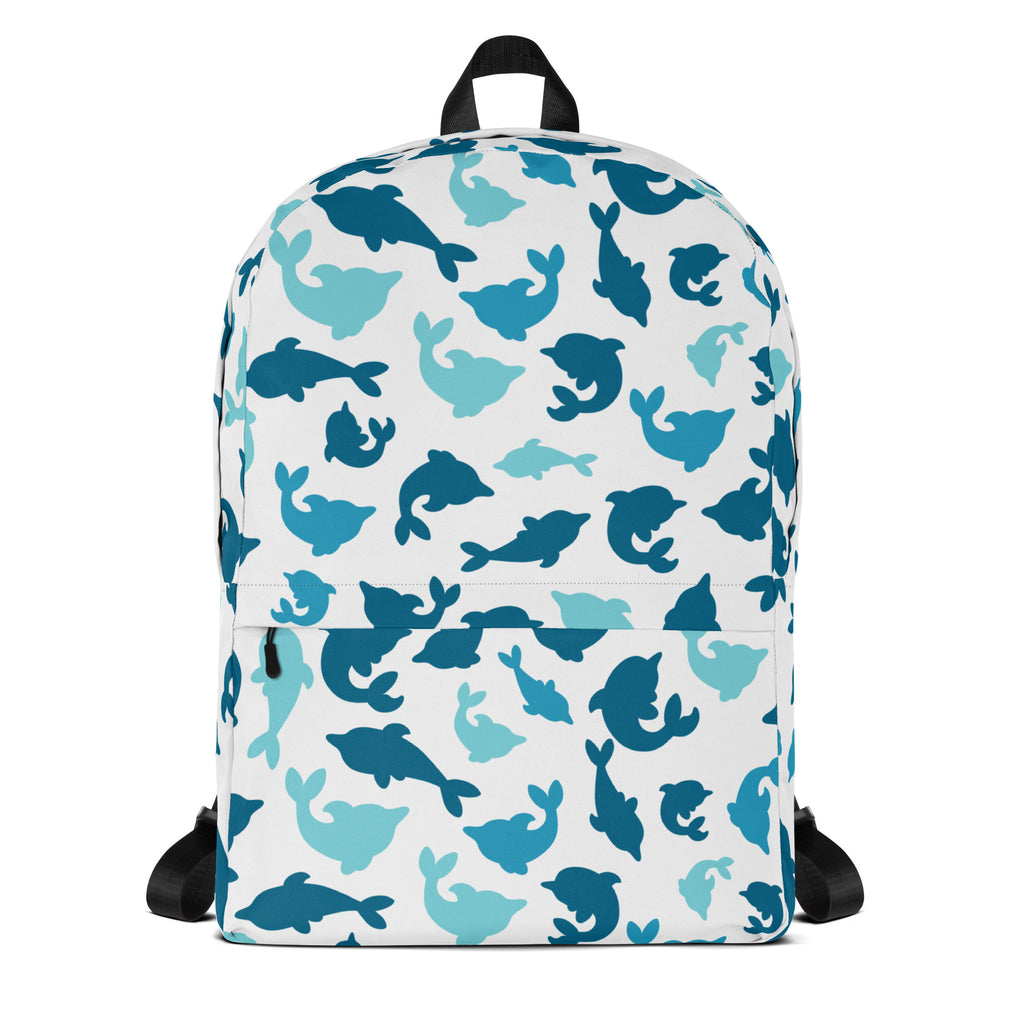 White kids dolphin print backpack featuring a playful pattern of blue dolphins perfect for school use
