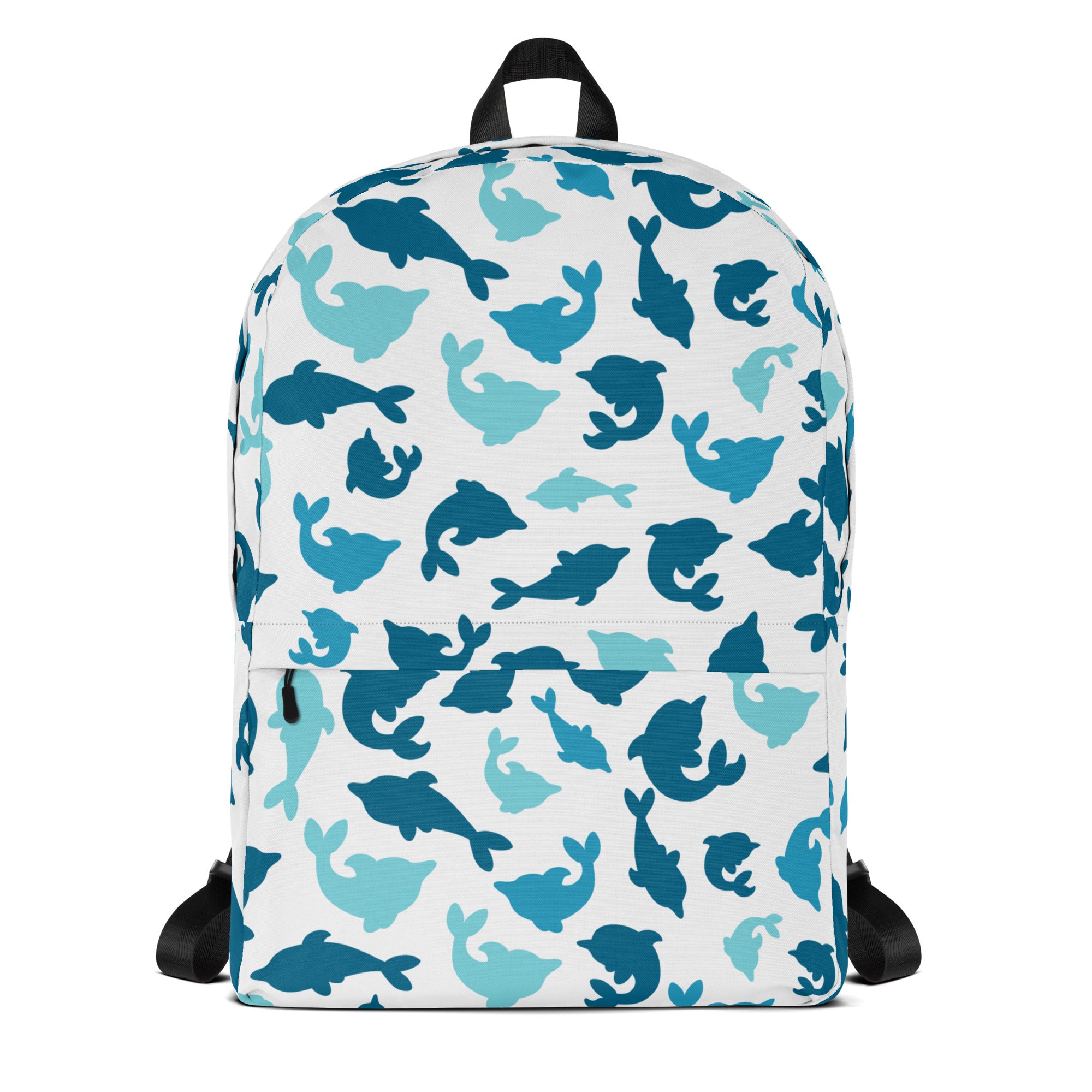 White kids dolphin print backpack featuring a playful pattern of blue dolphins perfect for school use