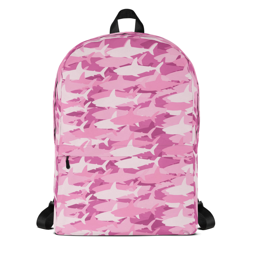 Girls pink sharks backpack with pink shark camouflage pattern black straps and top handle shown from the back side