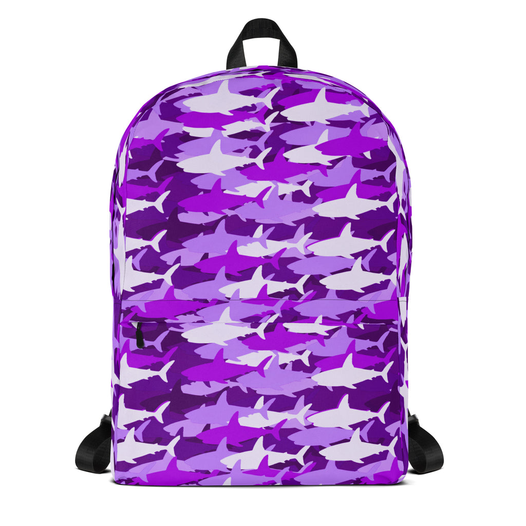 Girls purple sharks backpack with purple white shark camouflage pattern and black straps shown from the back side