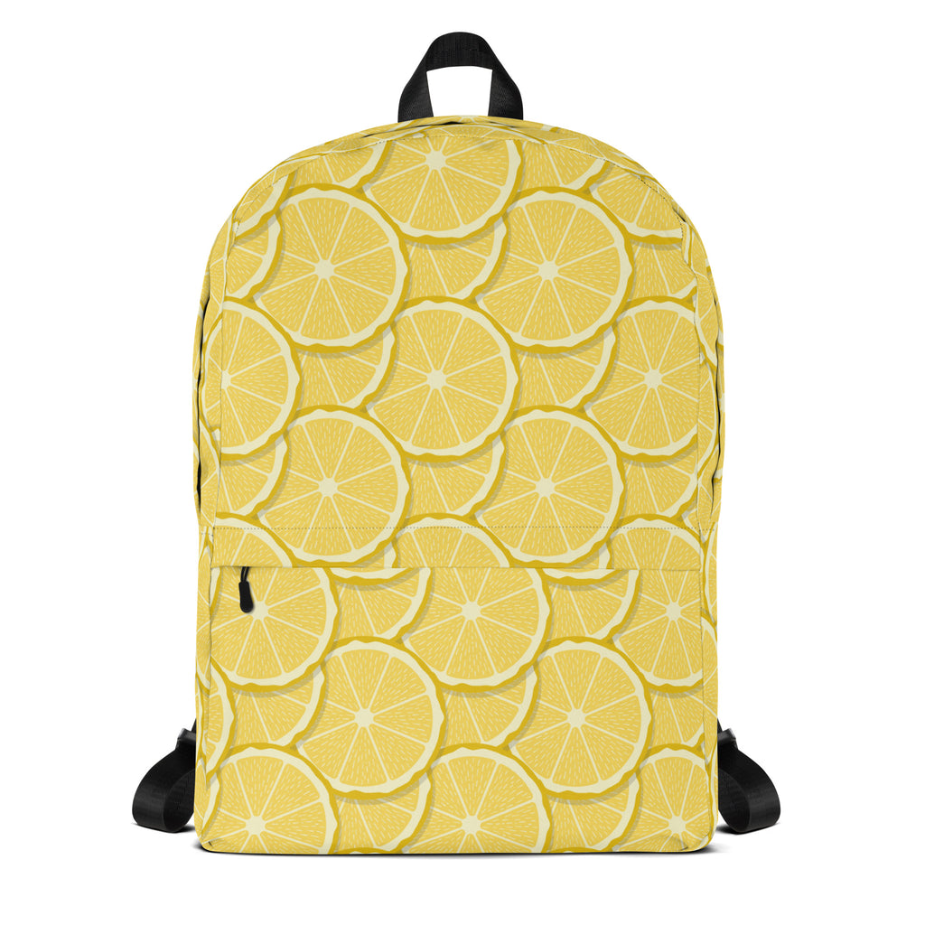 Kids lemon slice backpack in yellow with a sliced lemon pattern white outlines and black straps for kids use