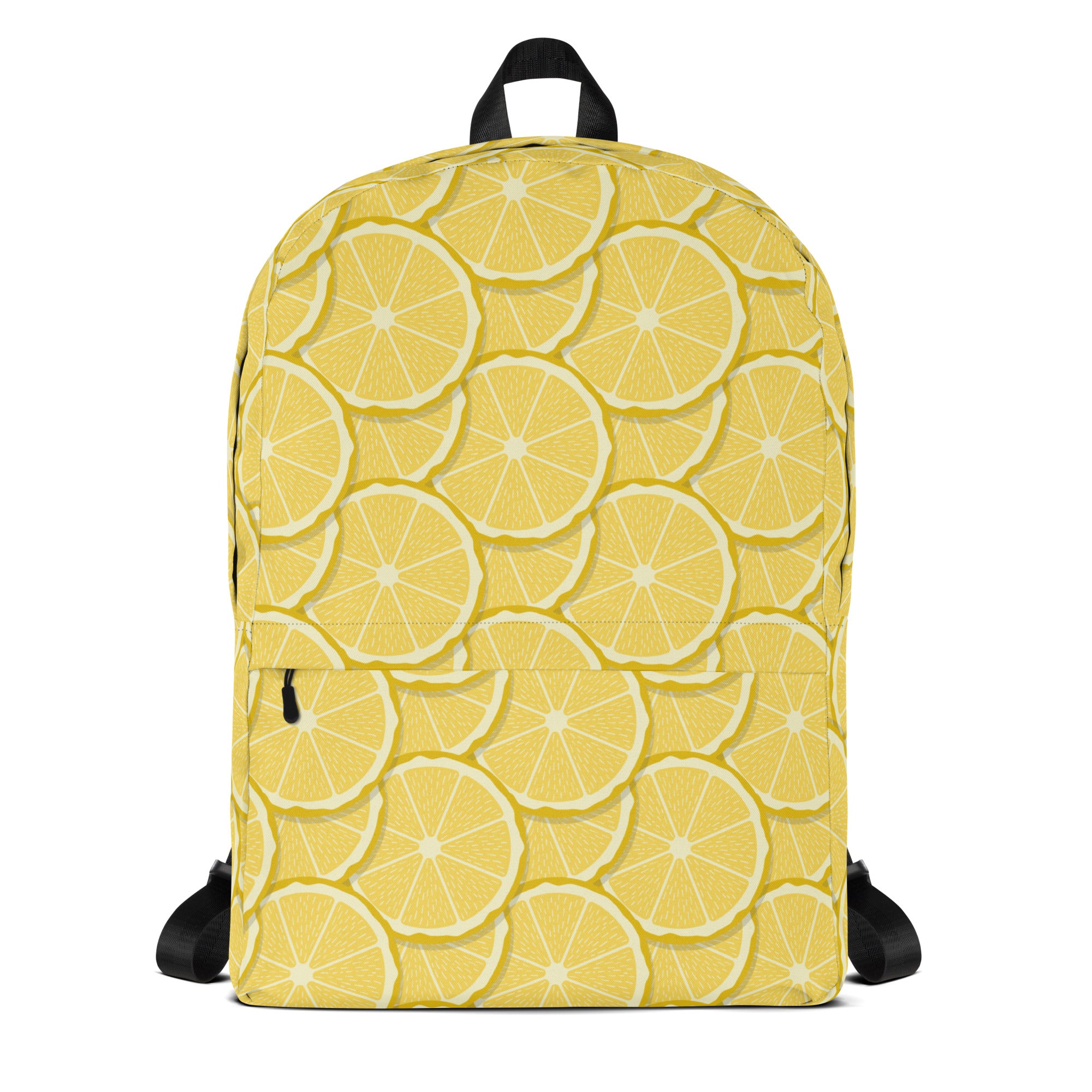 Kids lemon slice backpack in yellow with a sliced lemon pattern white outlines and black straps for kids use