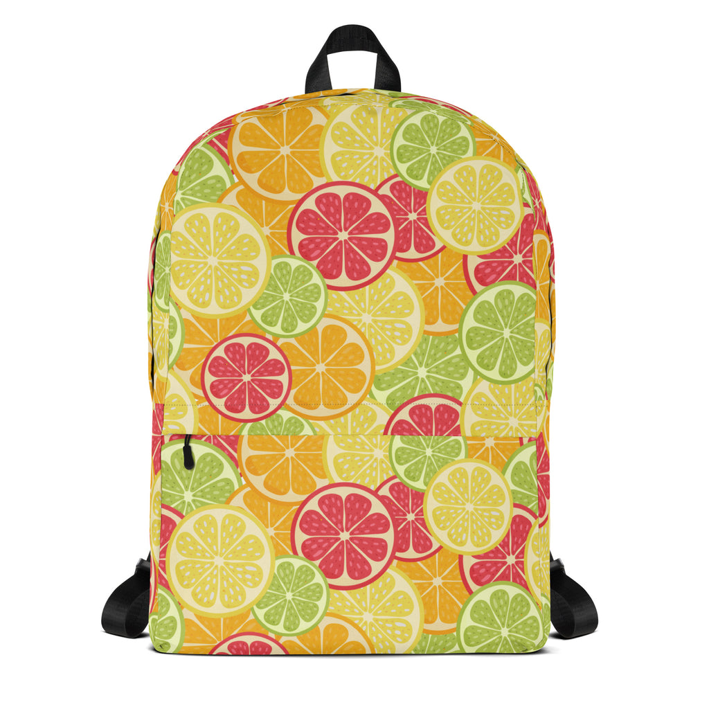 Kids citrus fruit backpack with vibrant sliced yellow green and pink citrus pattern on warm orange fabric