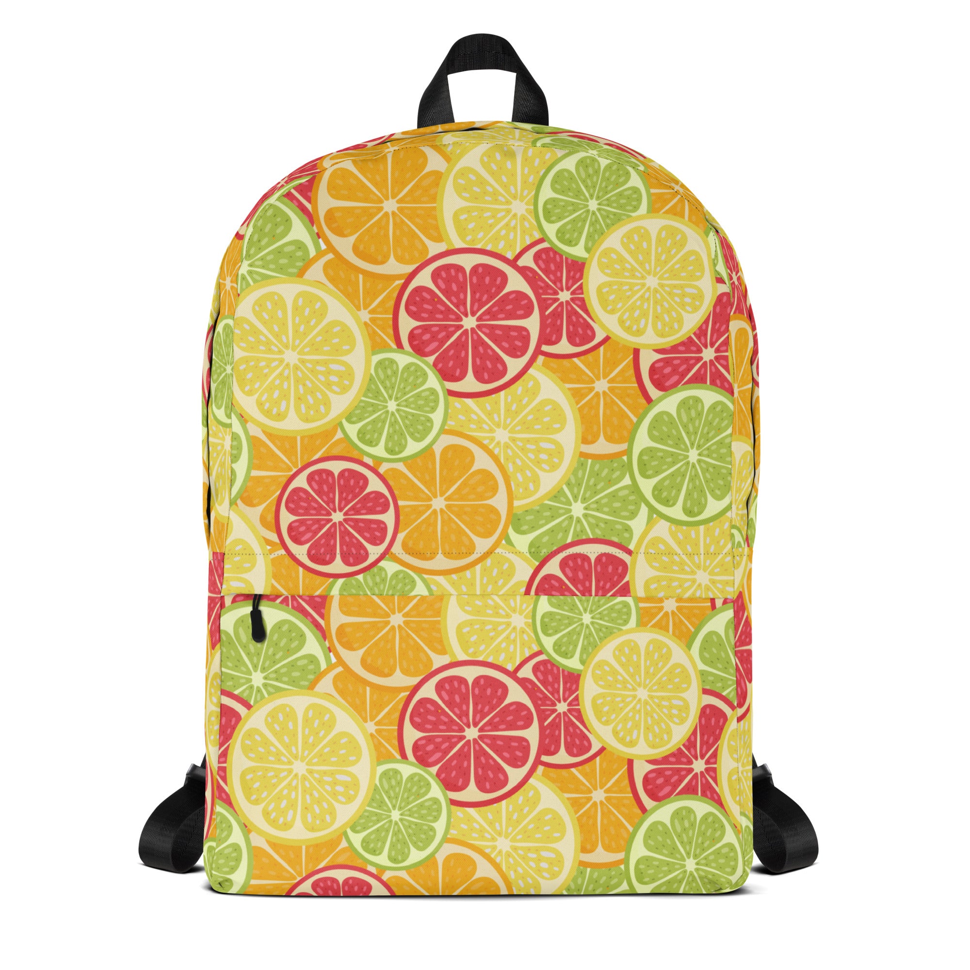 Kids citrus fruit backpack with vibrant sliced yellow green and pink citrus pattern on warm orange fabric