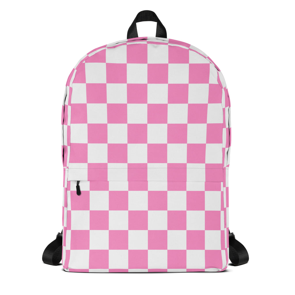 Girls pink checkerboard backpack with pink and white check pattern black straps and top handle for school use