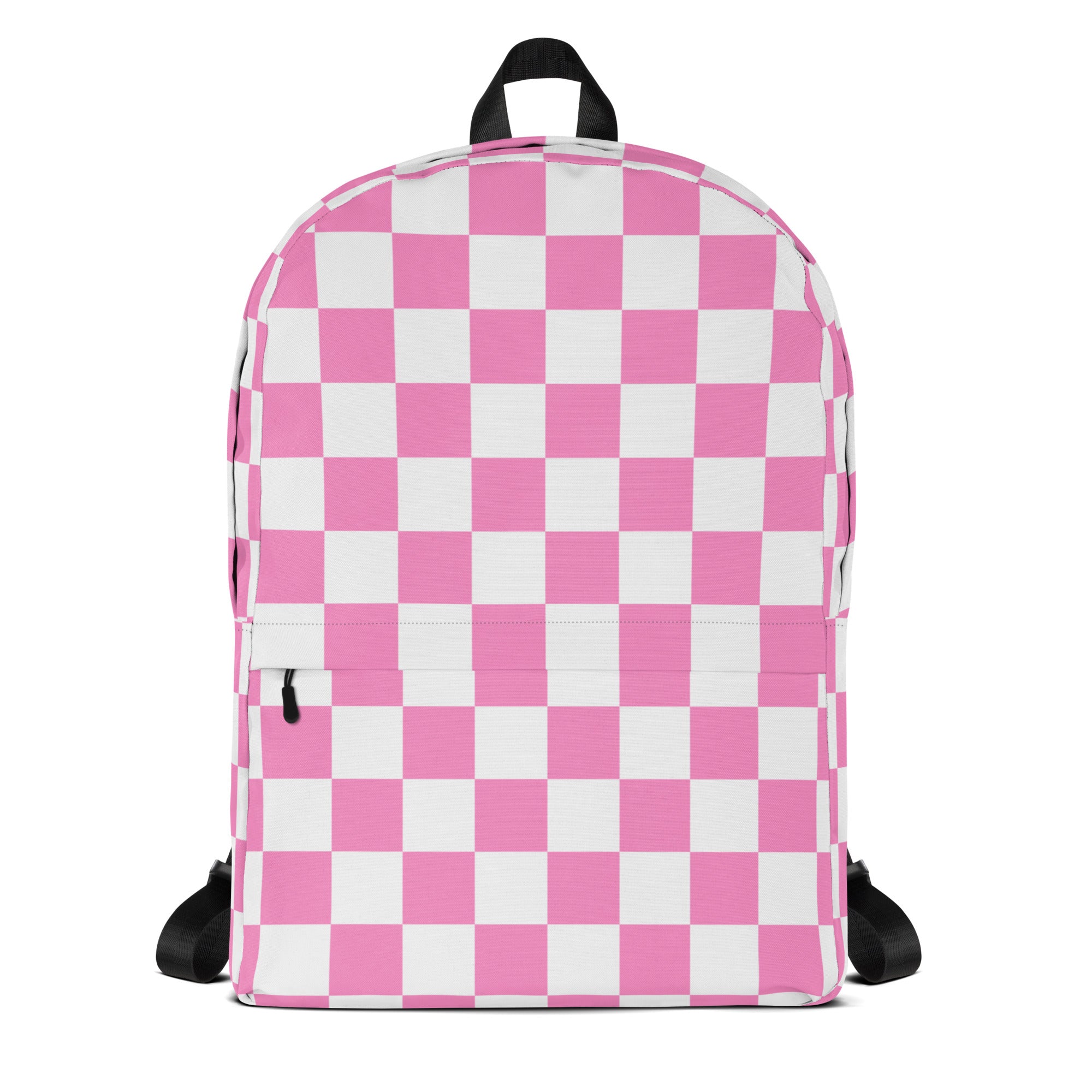 Girls pink checkerboard backpack with pink and white check pattern black straps and top handle for school use
